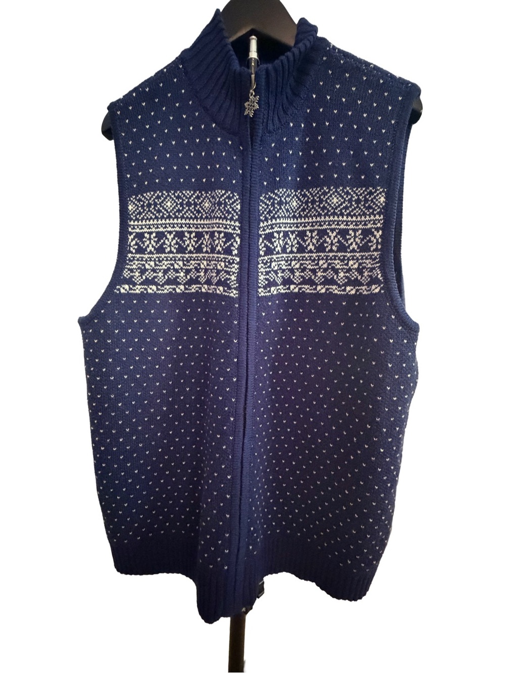 Appleseed's Navy and White Nordic Snowflake Zip-Up Sweater Vest- Size XL